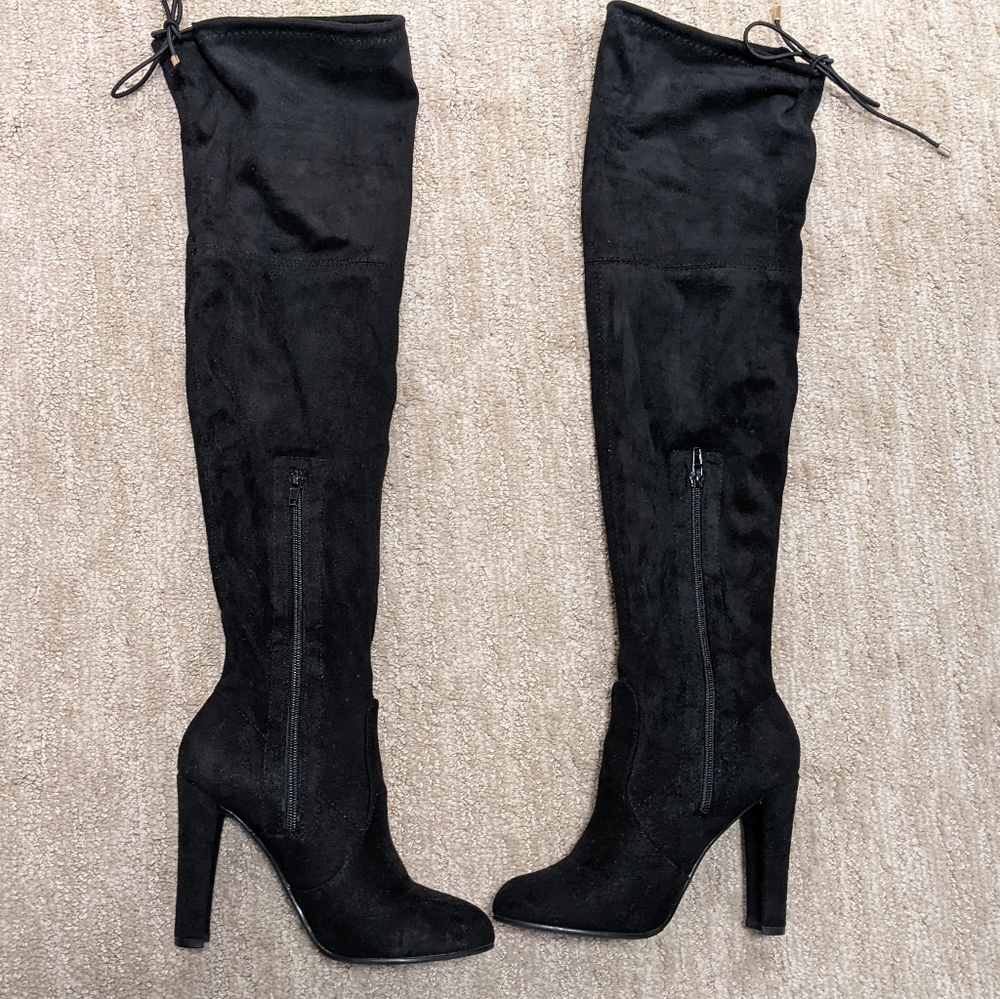 Black suede tall tie up black boots-worn once